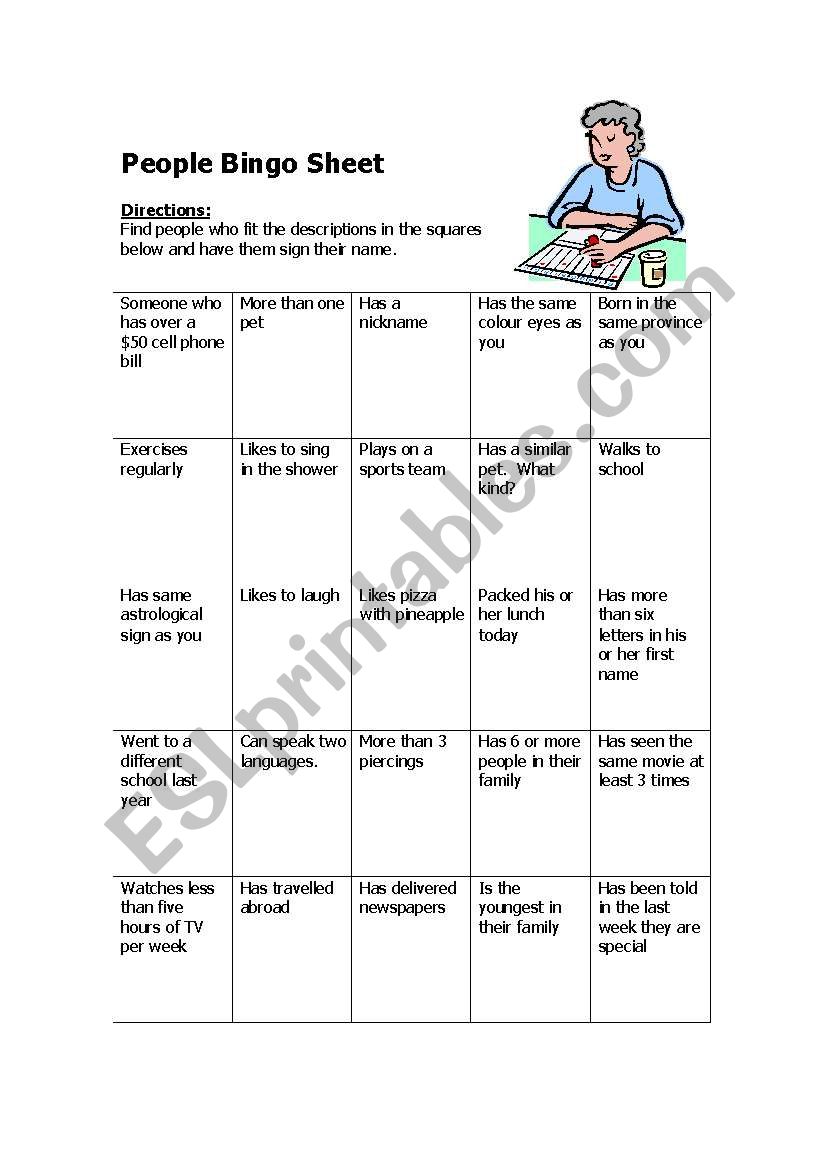 People Bingo sheet worksheet