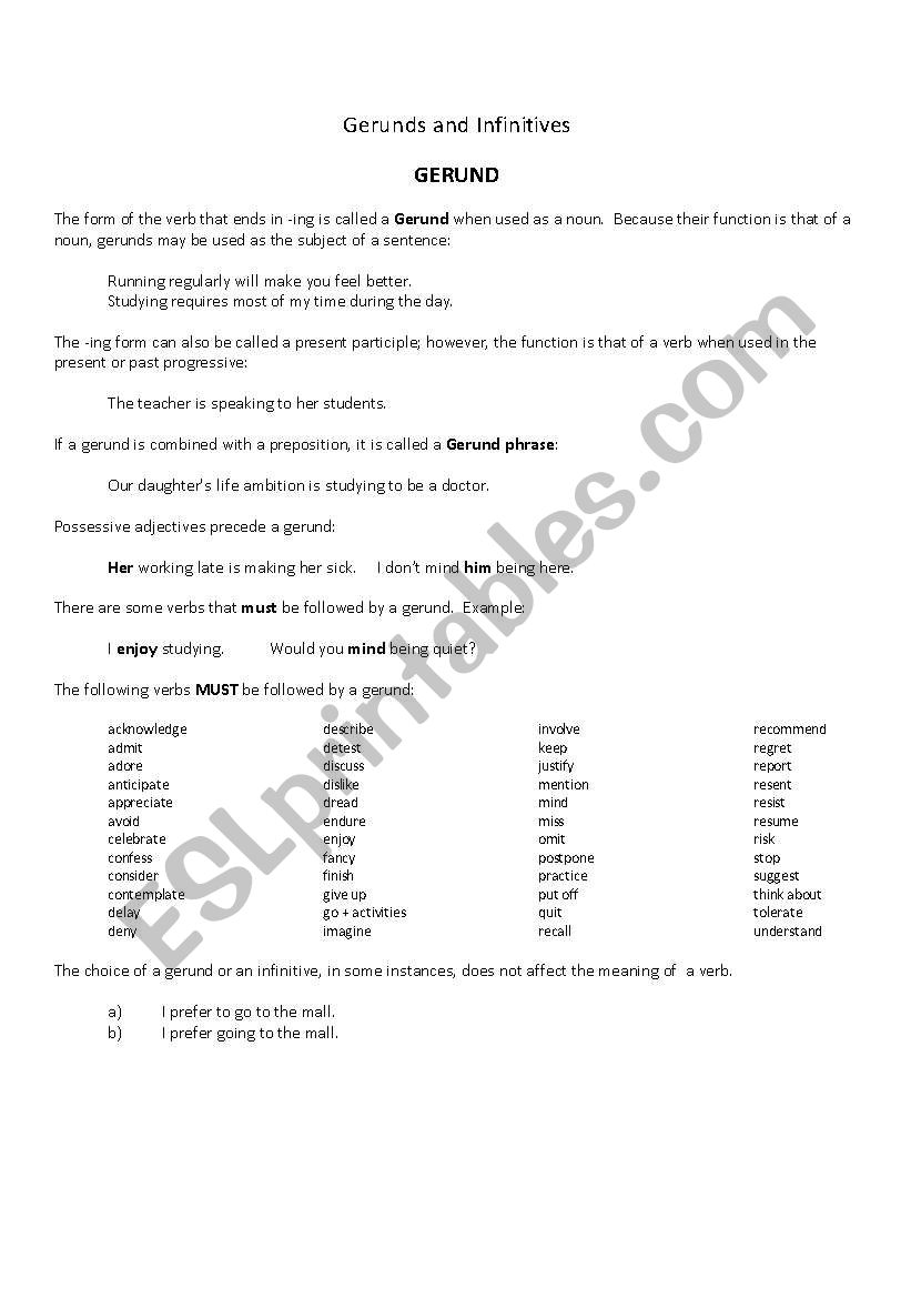 Gerund or Infinitive worksheet