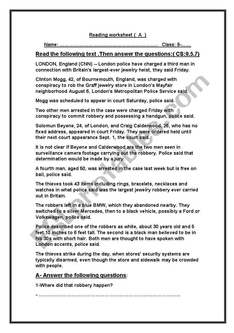 reading comprehension worksheet