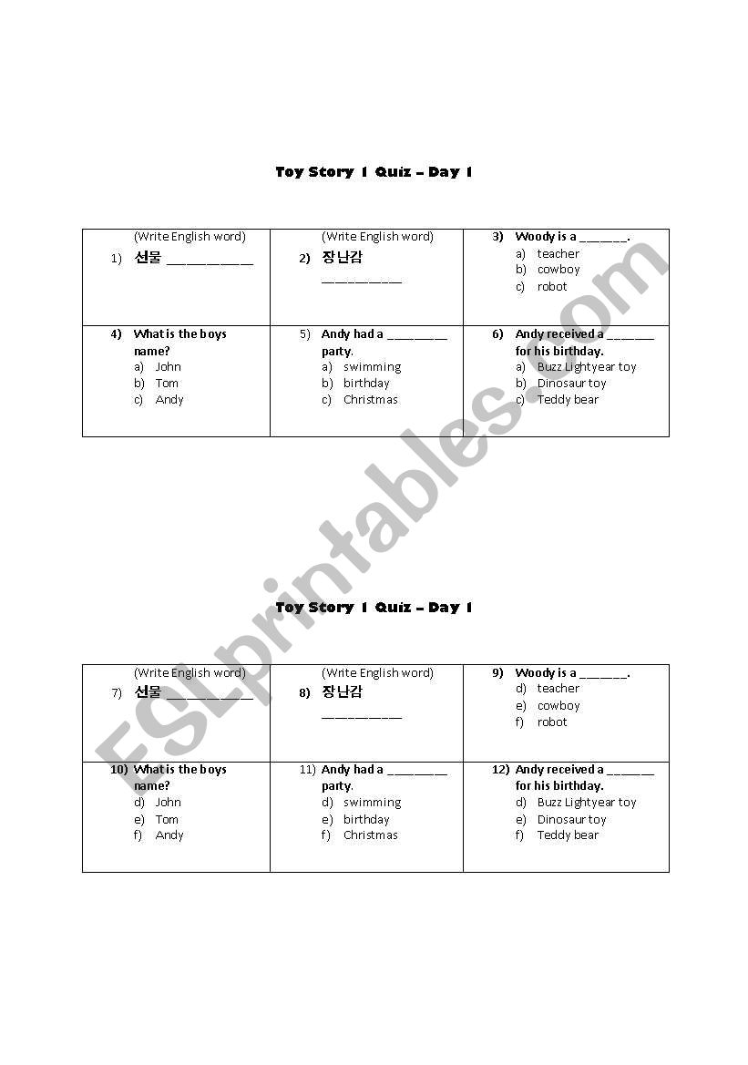 Toy Story 1 Quiz worksheet