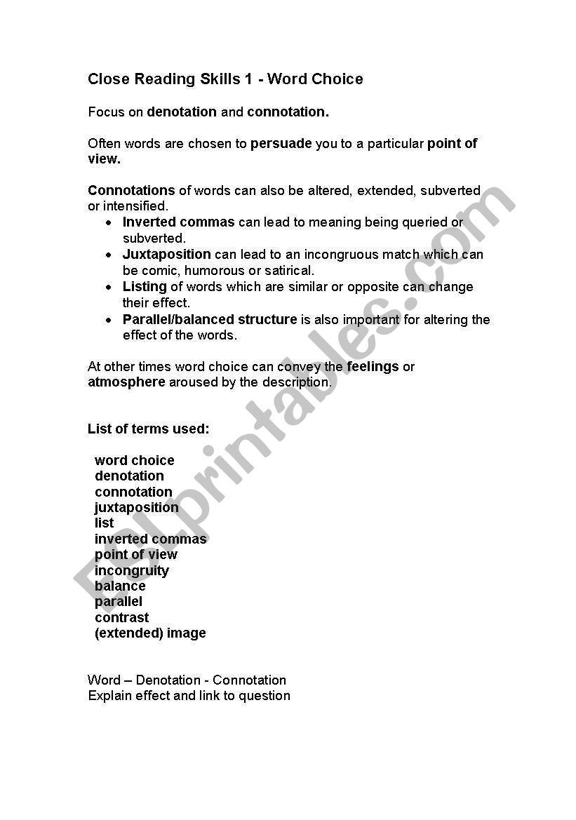 CLOSE READING SKILLS worksheet