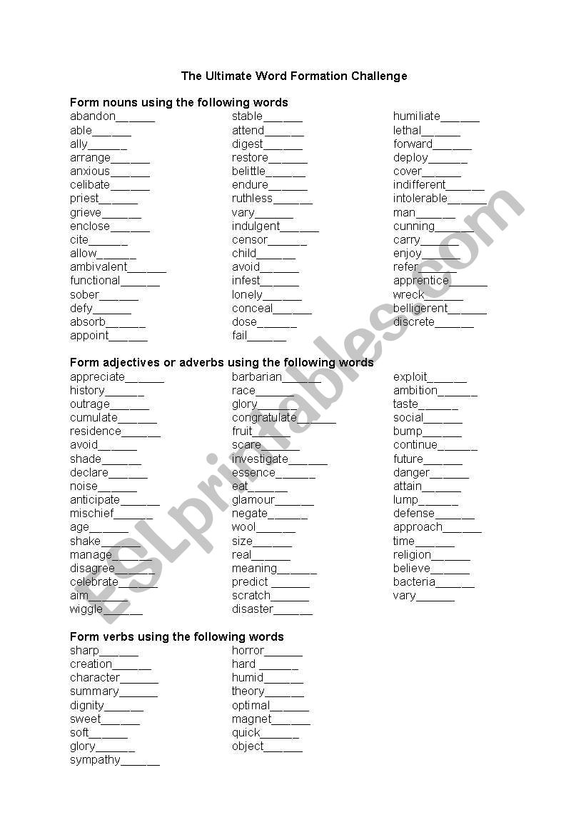 word formation challenge worksheet