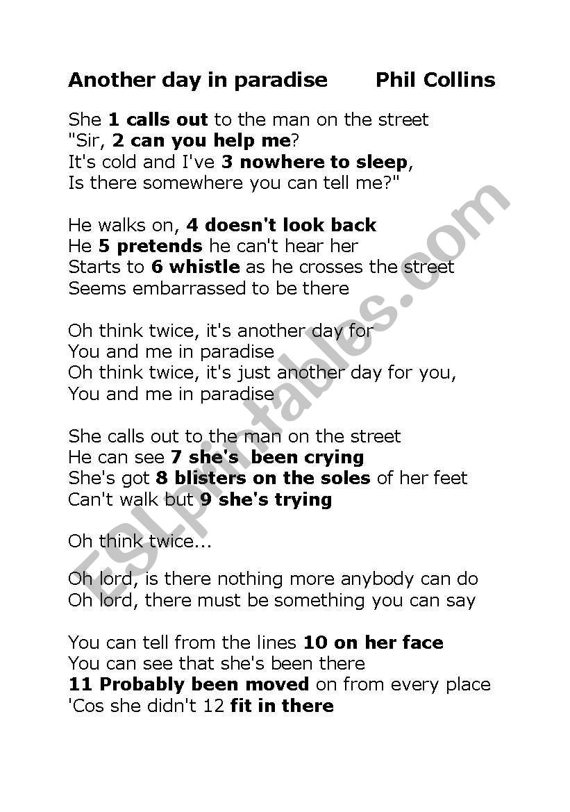 Another Day In Paradise lyrics - ESL worksheet by Adva