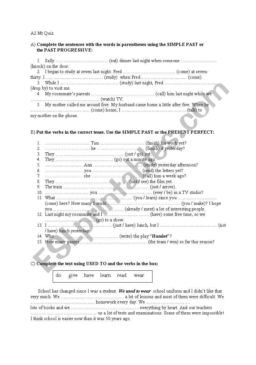 A2 level quiz worksheet