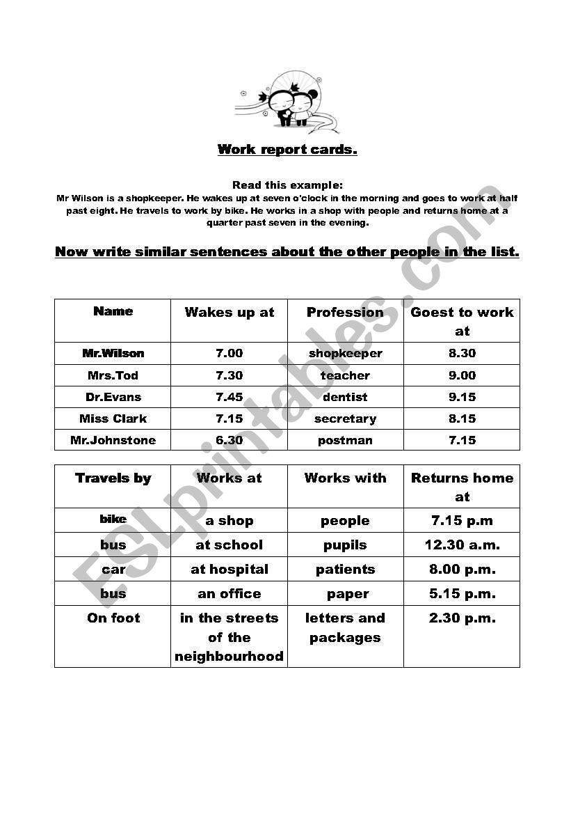 Work report cards worksheet