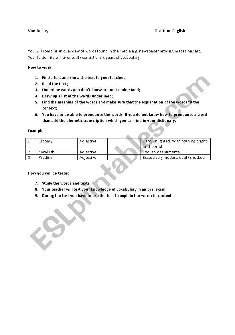 vocabulary assignment worksheet