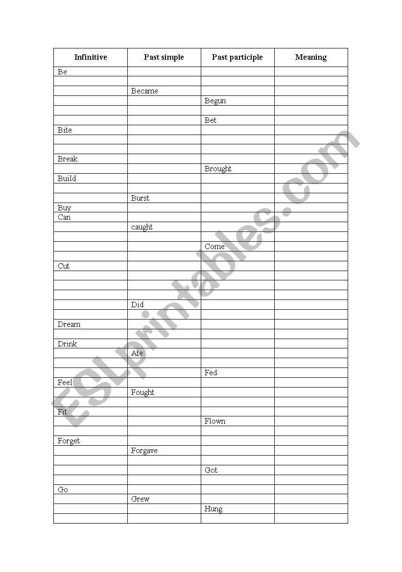 Irregular verbs worksheet