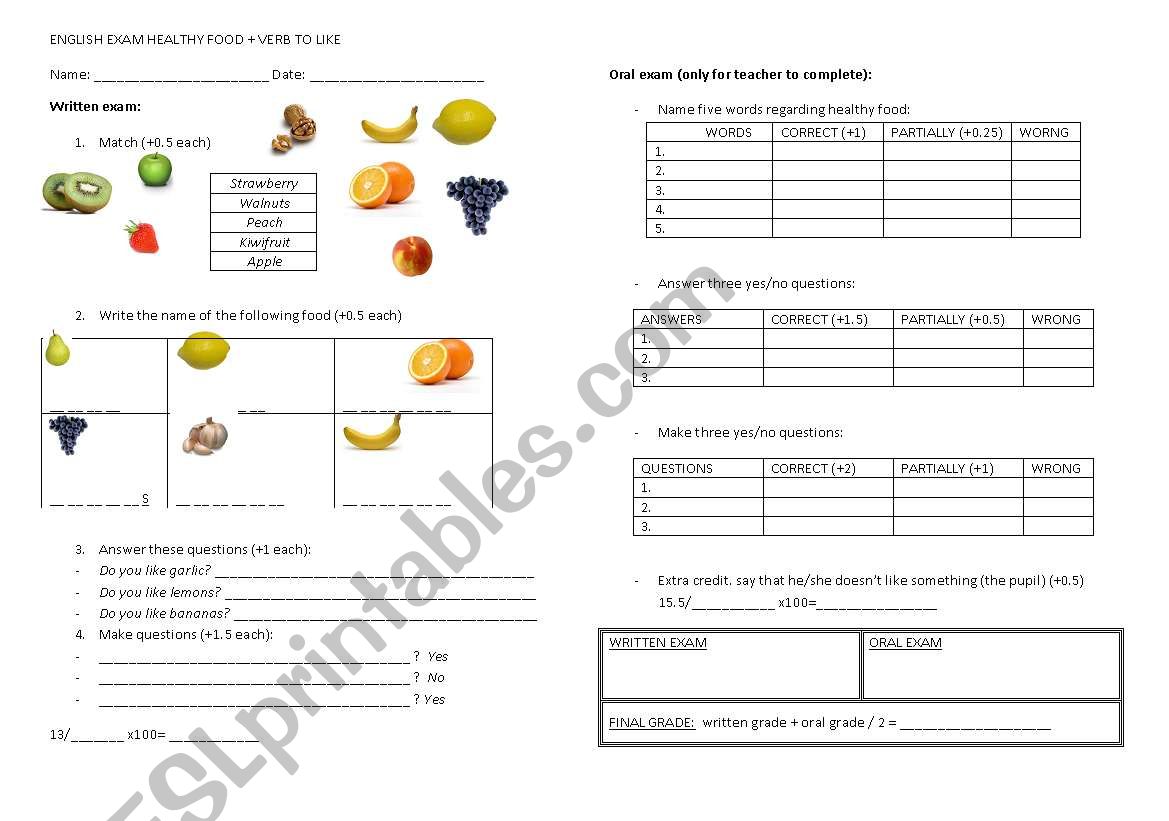 EXAM TO LIKE + FOOD worksheet