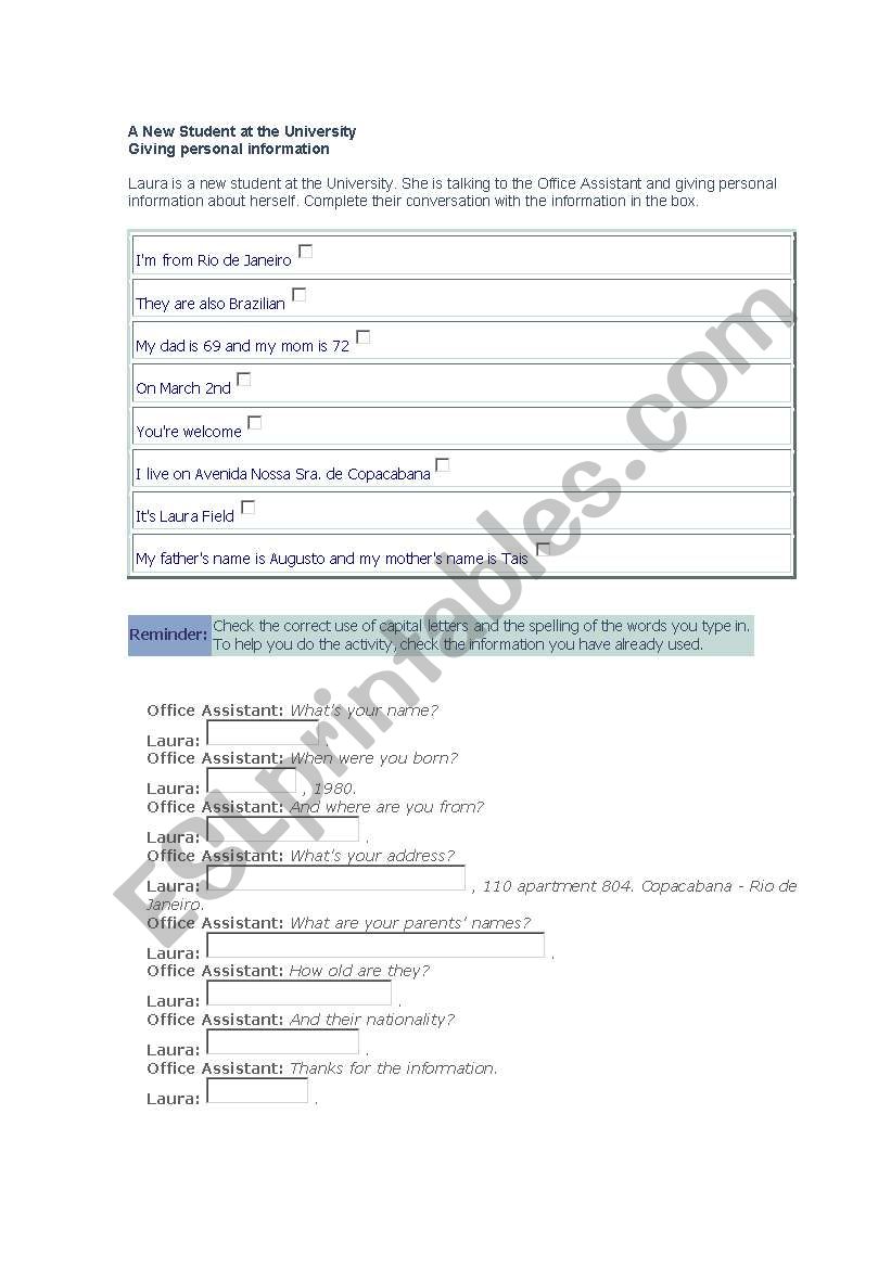 personal information worksheet