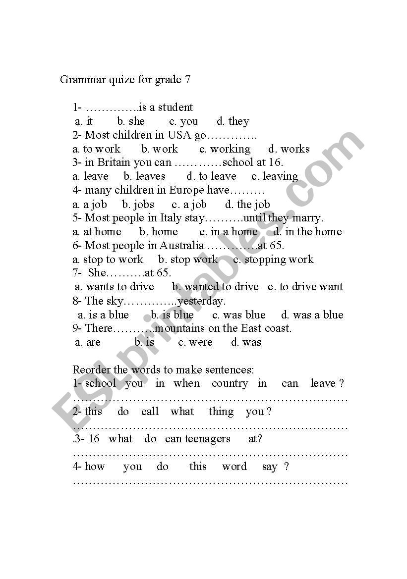 Grammer Quiz Grade 7 worksheet