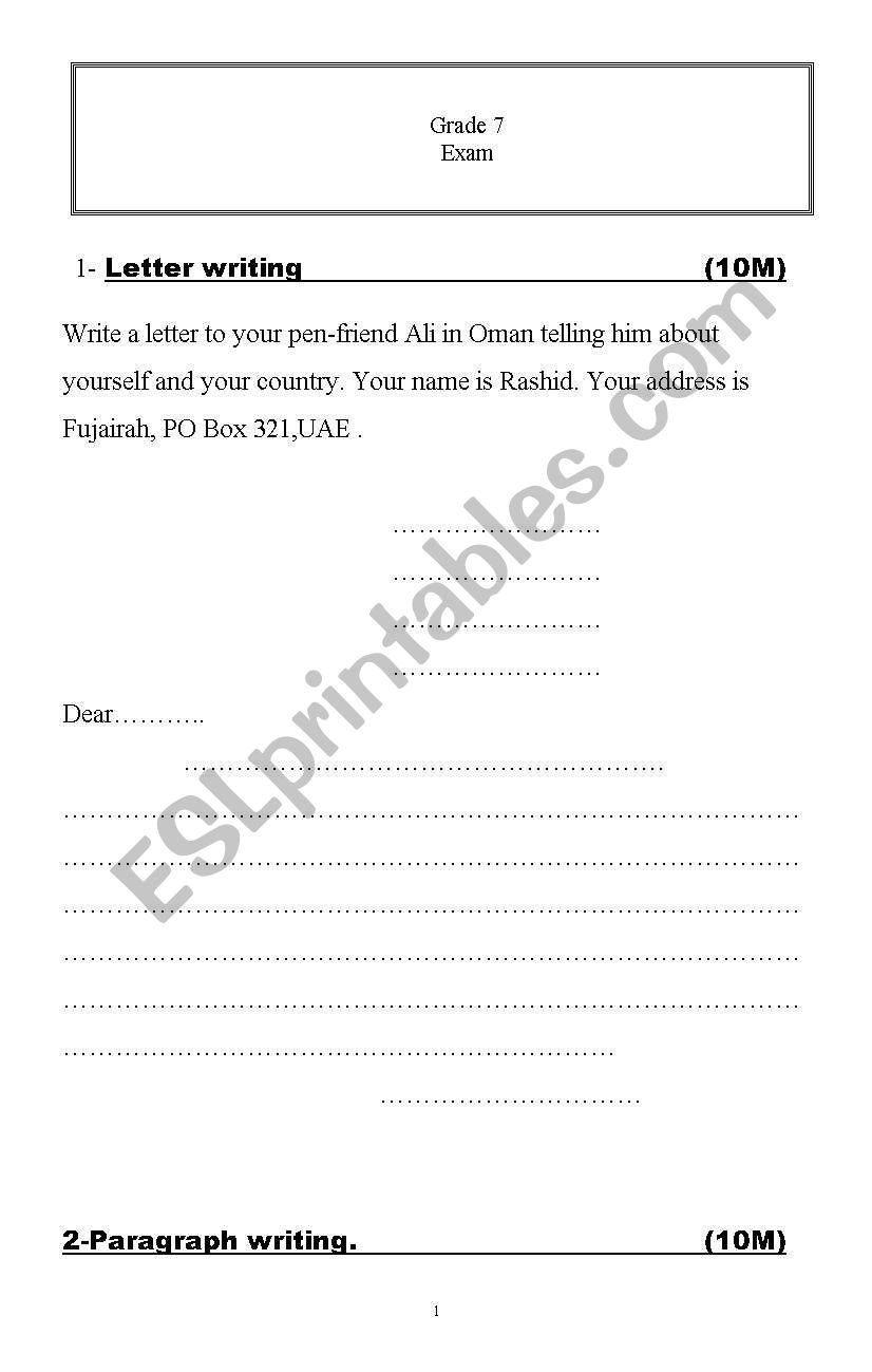 Grade 7 Test worksheet