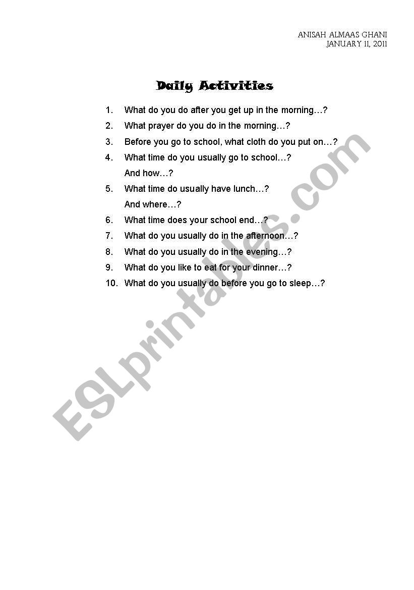 daily acitivy worksheet