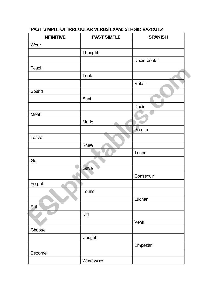 irregular past tense test worksheet