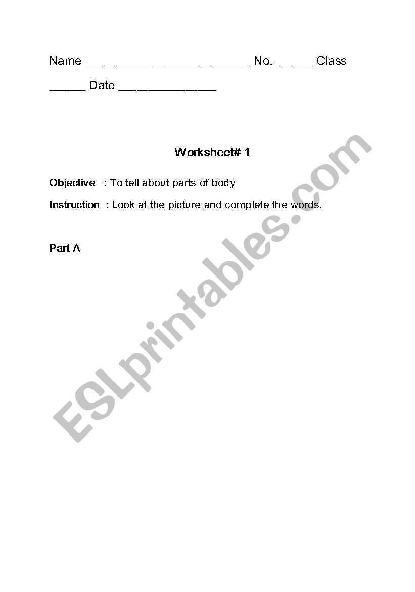 Parts of body worksheet