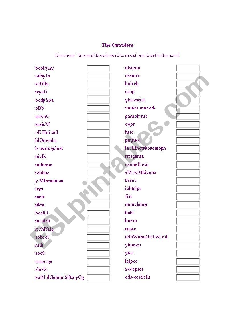 The Outsiders word scramble worksheet