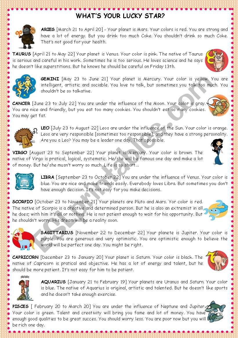Signs of Zodiac worksheet