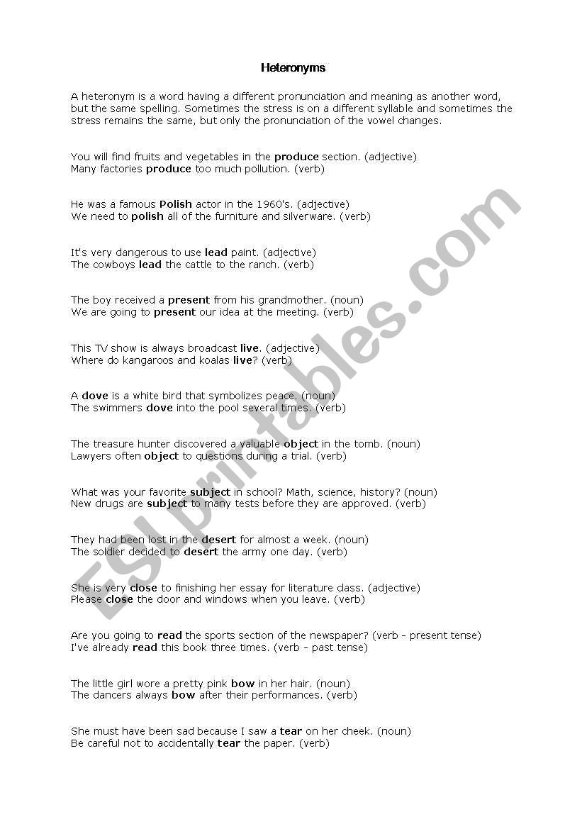 Heteronyms worksheet
