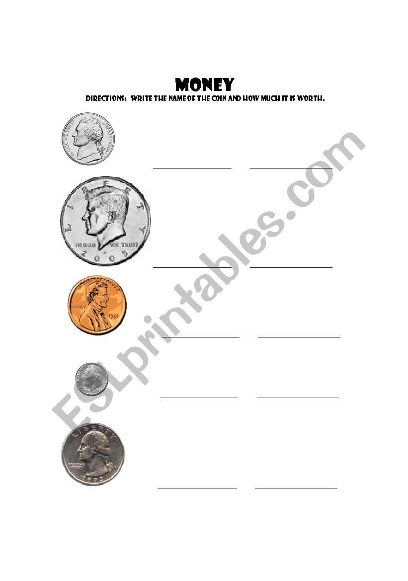 English worksheets: Identifying Coins and Their Value Pertaining To Values Of Coins Worksheet