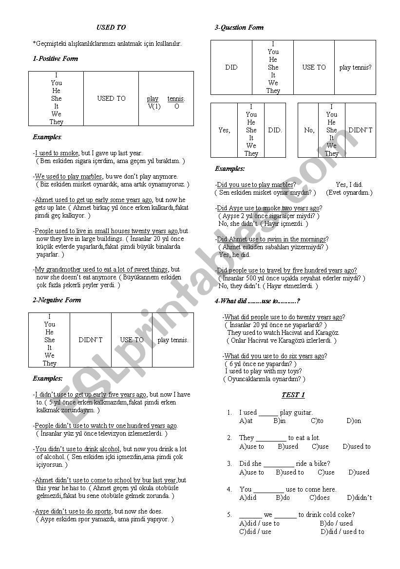 used to worksheet