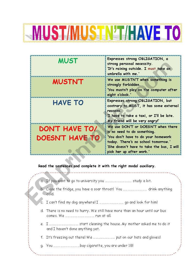 Complete with must mustn t can t. Запрет have to can't от must not Worksheet.