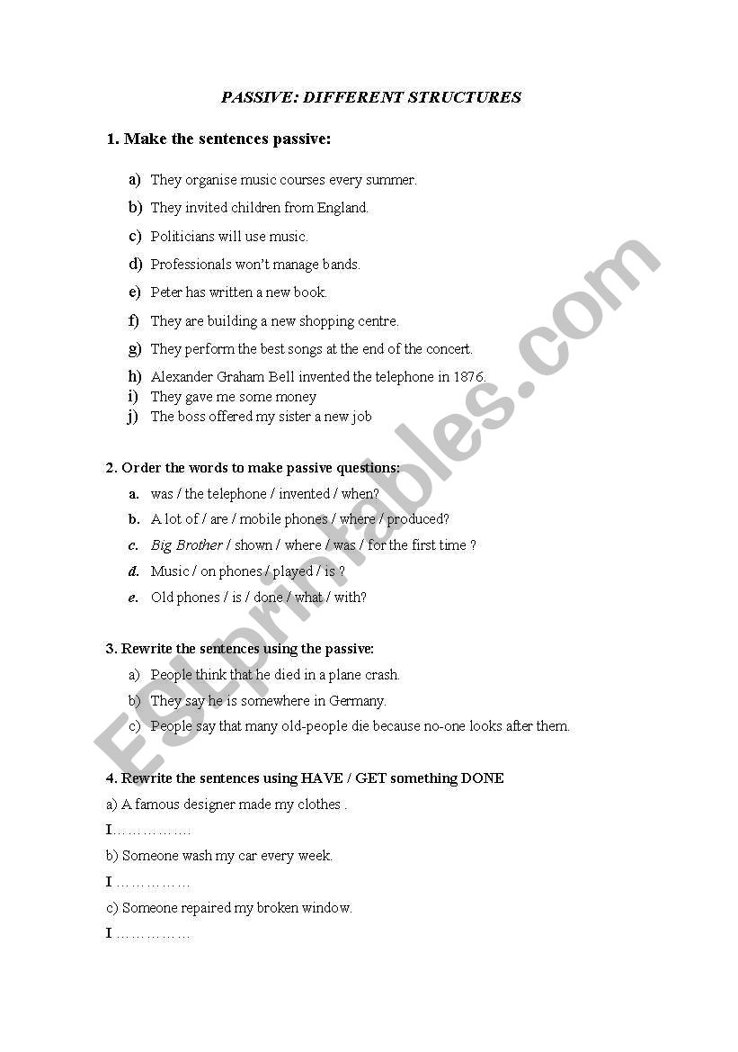 passive, different structures worksheet