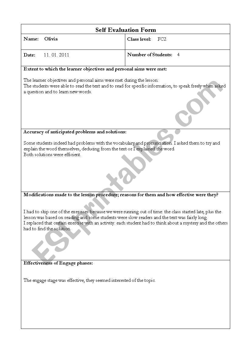 Self evaluation form  worksheet