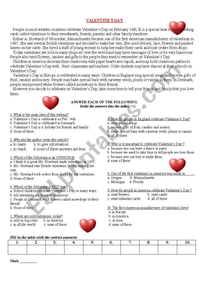 Valentines Day worksheet