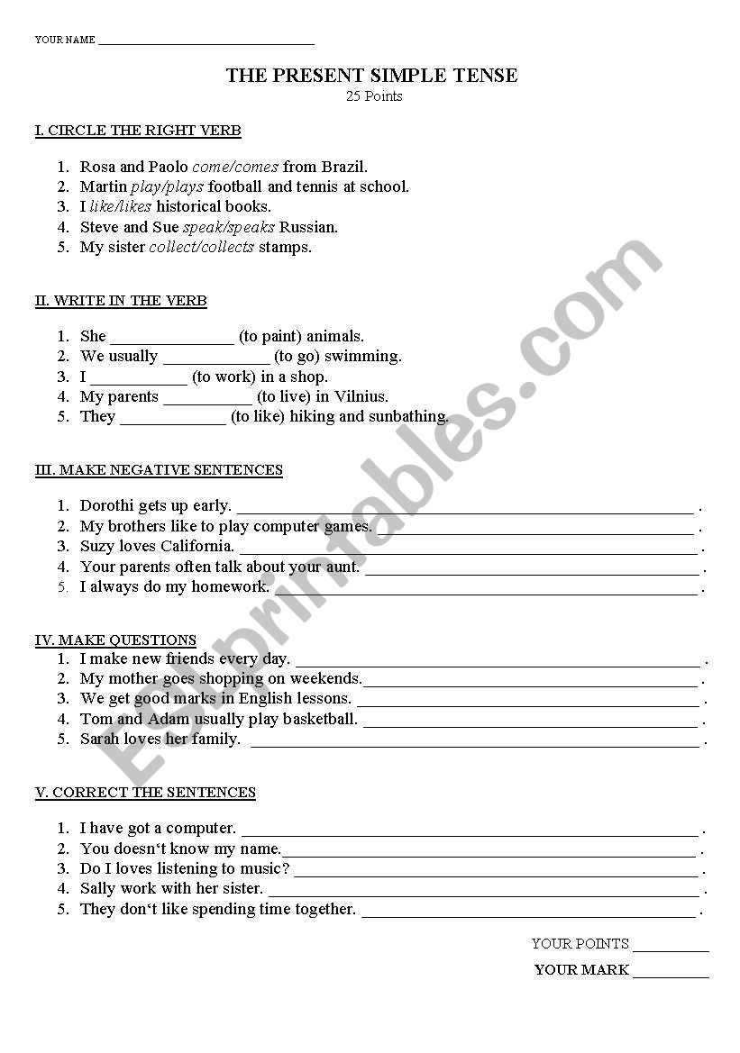 THE PRESENT SIMPLE TENSE   worksheet