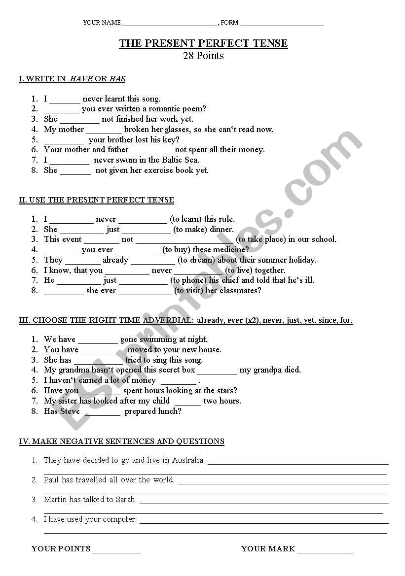 THE PRESENT PERFECT TENSE worksheet