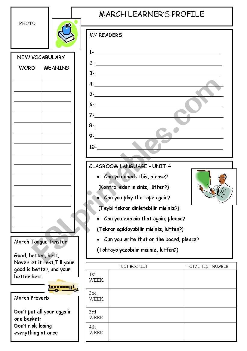learners mounthly profile worksheet