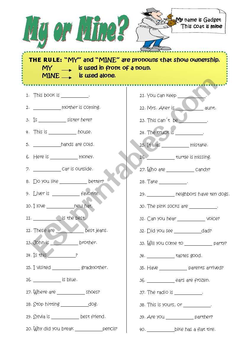 MY or MINE worksheet