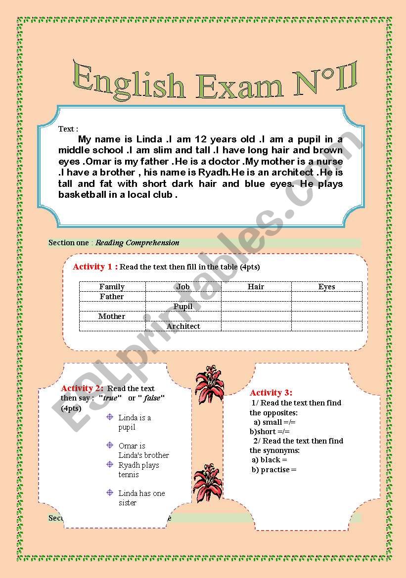 Describing people ( 1 AM exam - beginners-2 pages with 7 exercises : 3  about comprehension  and 3  about language  such as pronouns ( he , she  his , etc) numbers and final s+ 1 written topic.