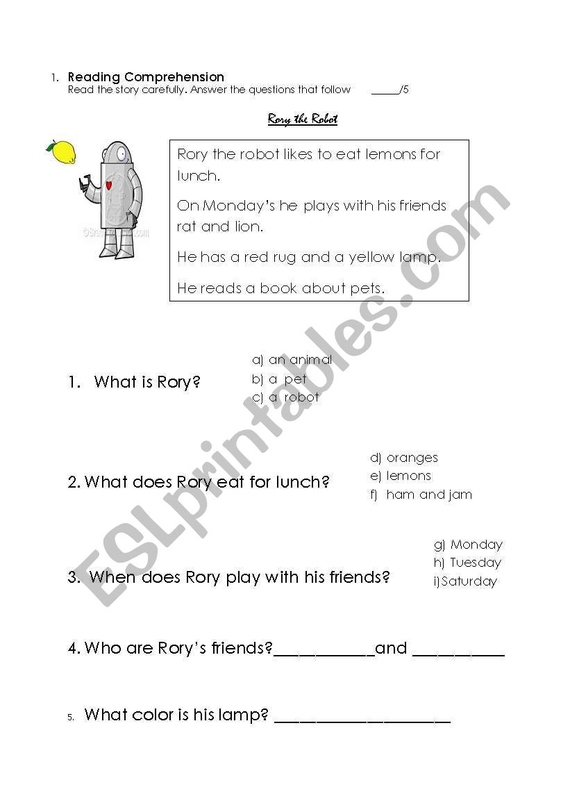 Rory the Robot worksheet