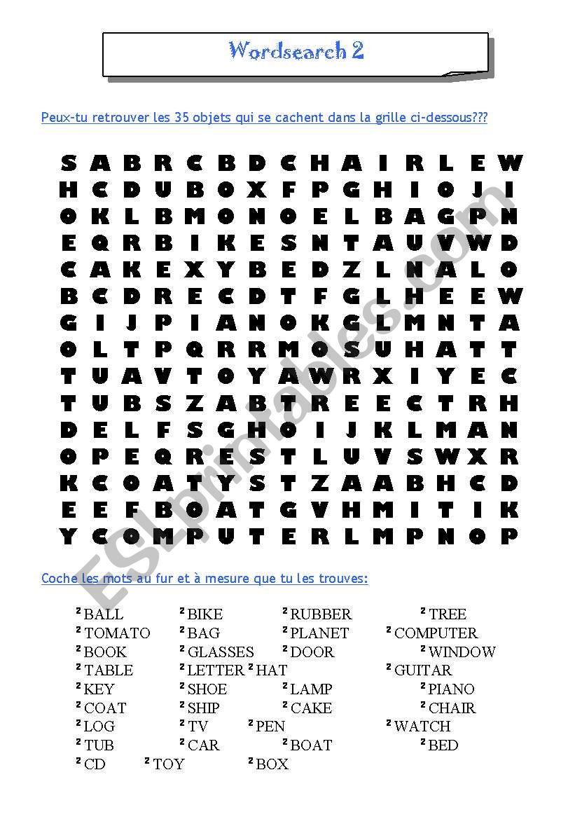 Wordsearch - Objects worksheet