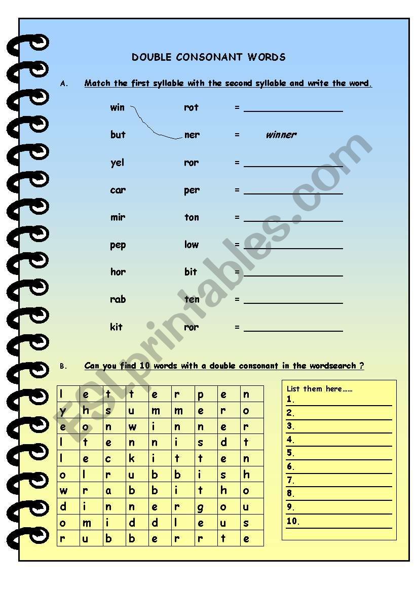 DOUBLE CONSONANT WORDS  worksheet