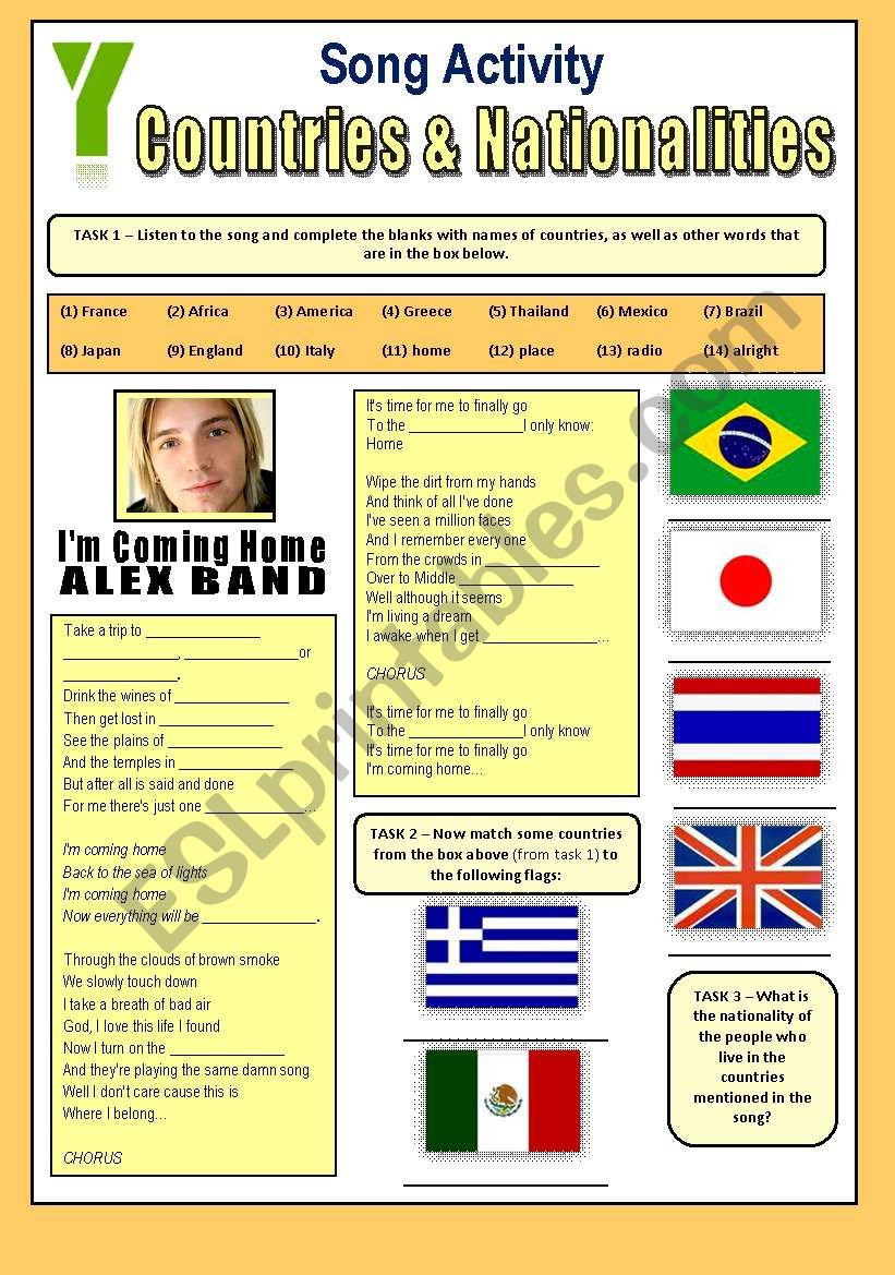 Song Activity - IÂ´m Coming Home (By Alex Band) - COUNTRIES & NATIONALITIES