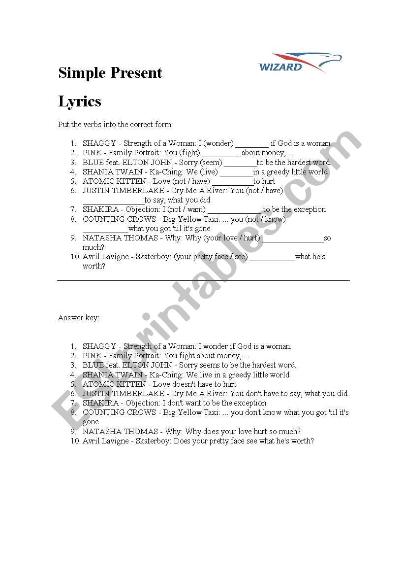 Lyrics - Simple Present worksheet