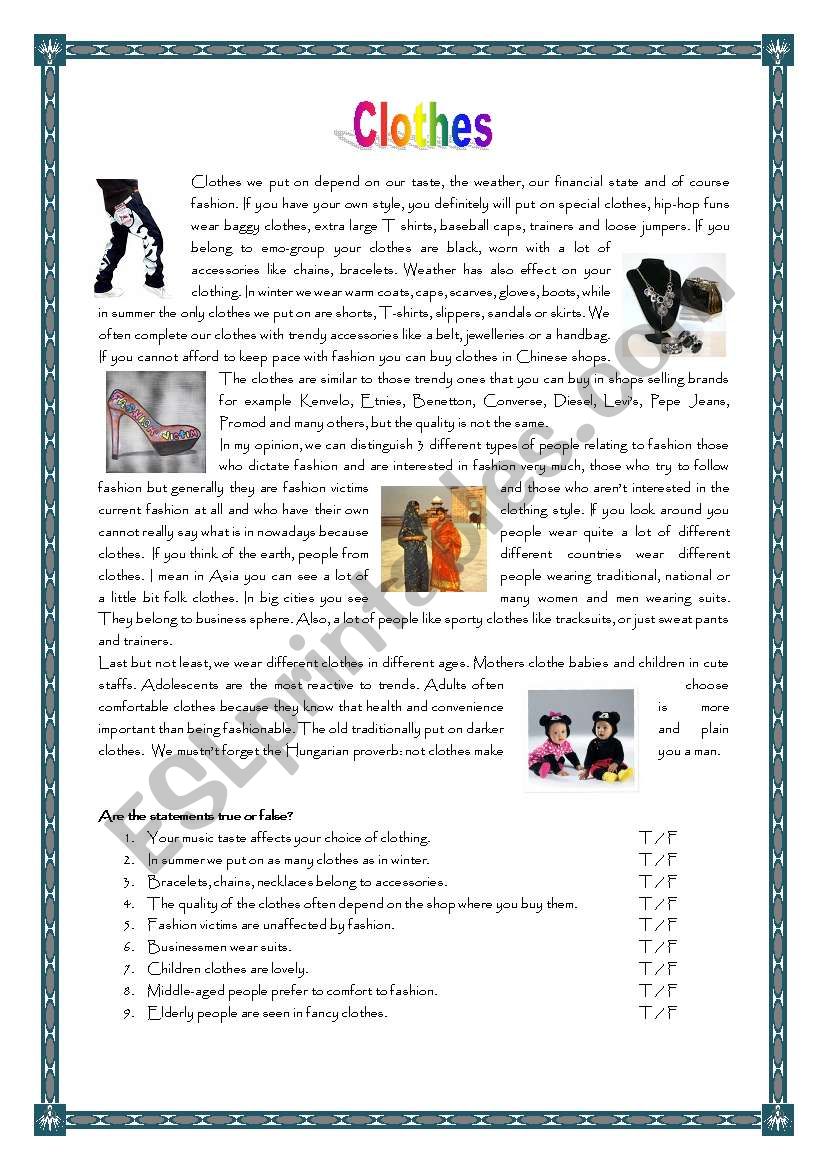 fashion and clothes with key worksheet