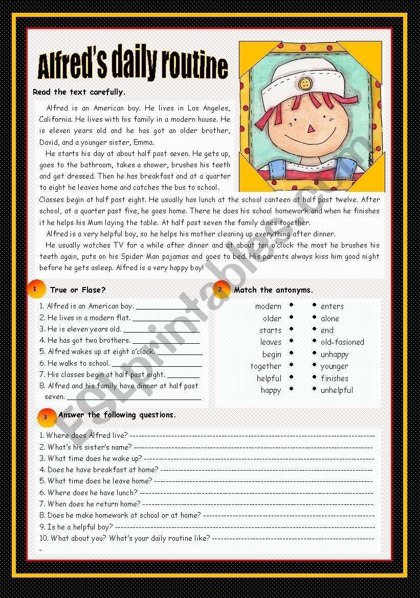 Alfred´s daily routine - ESL worksheet by Zmarques