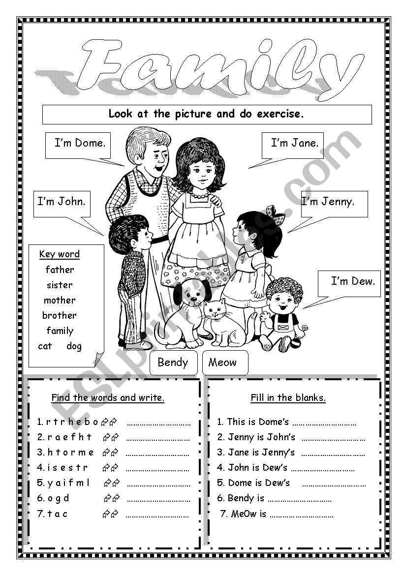 esl kindergarten worksheets family