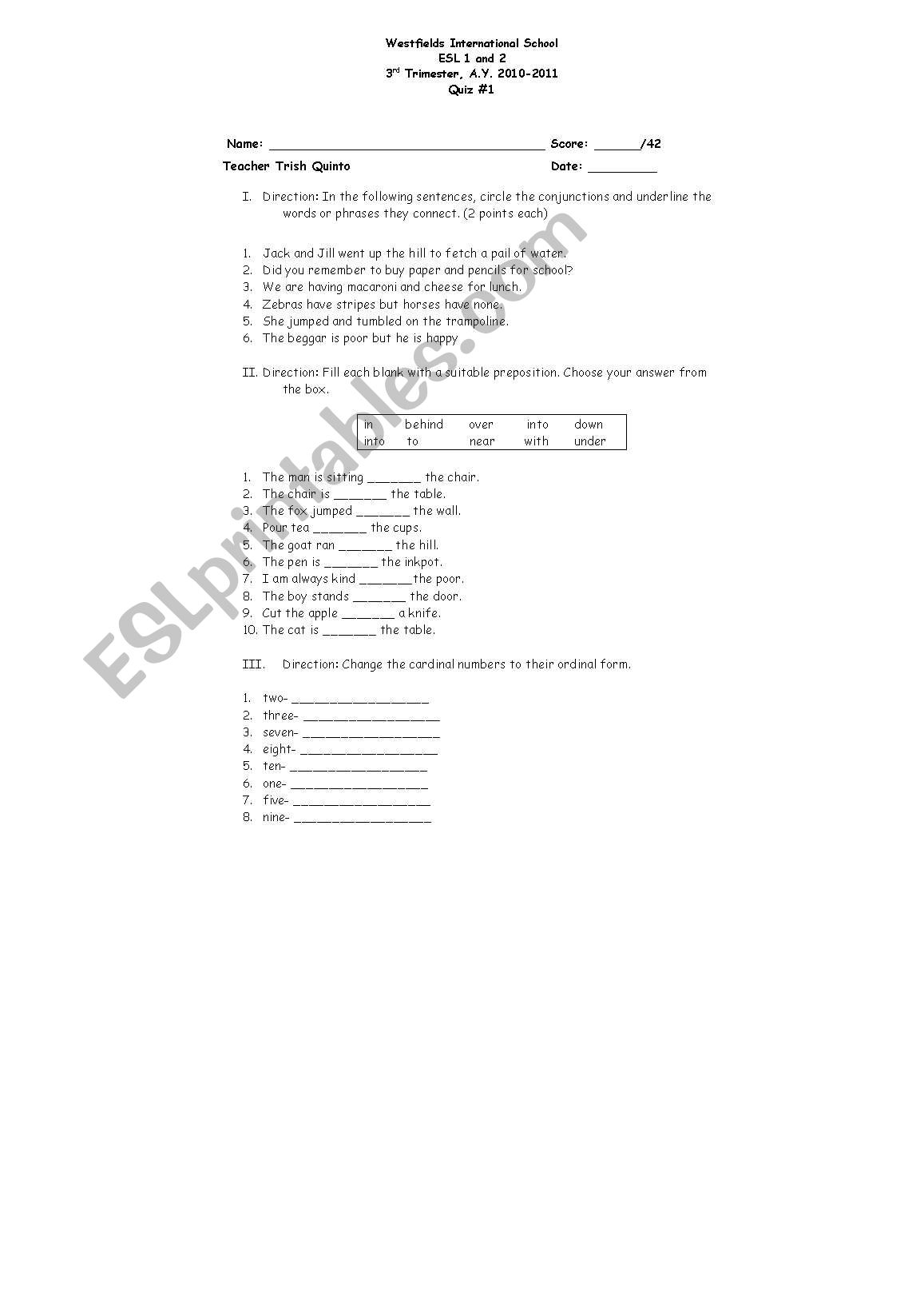 conjunctions and preposition worksheet