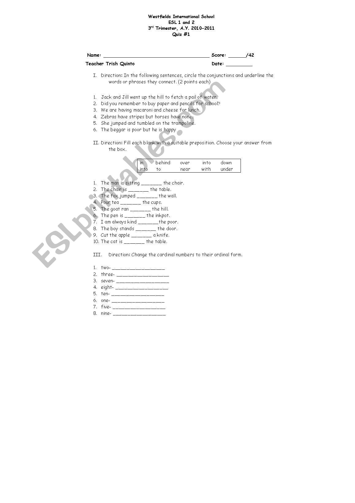 conjunctions and preposition worksheet