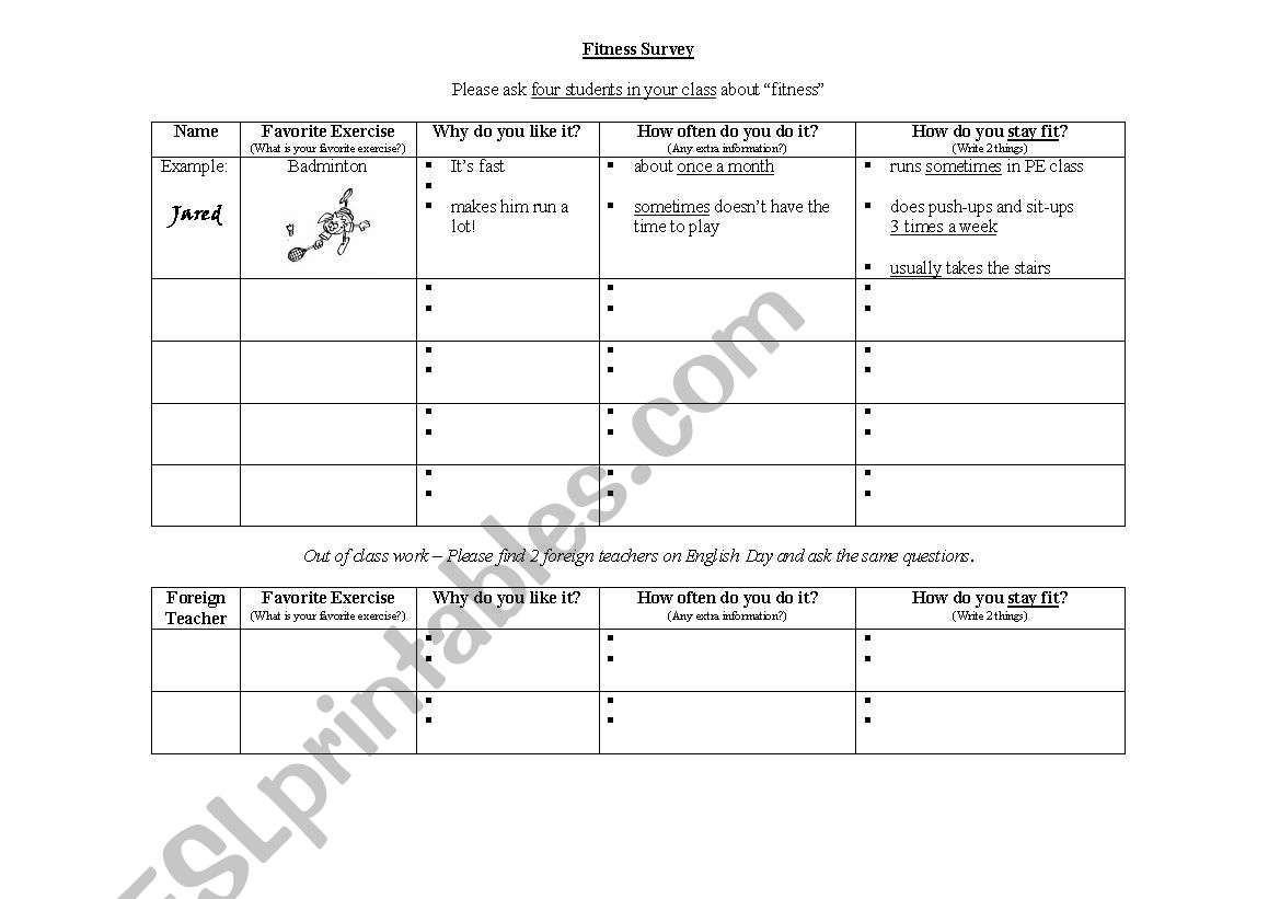 Fitness Survey worksheet