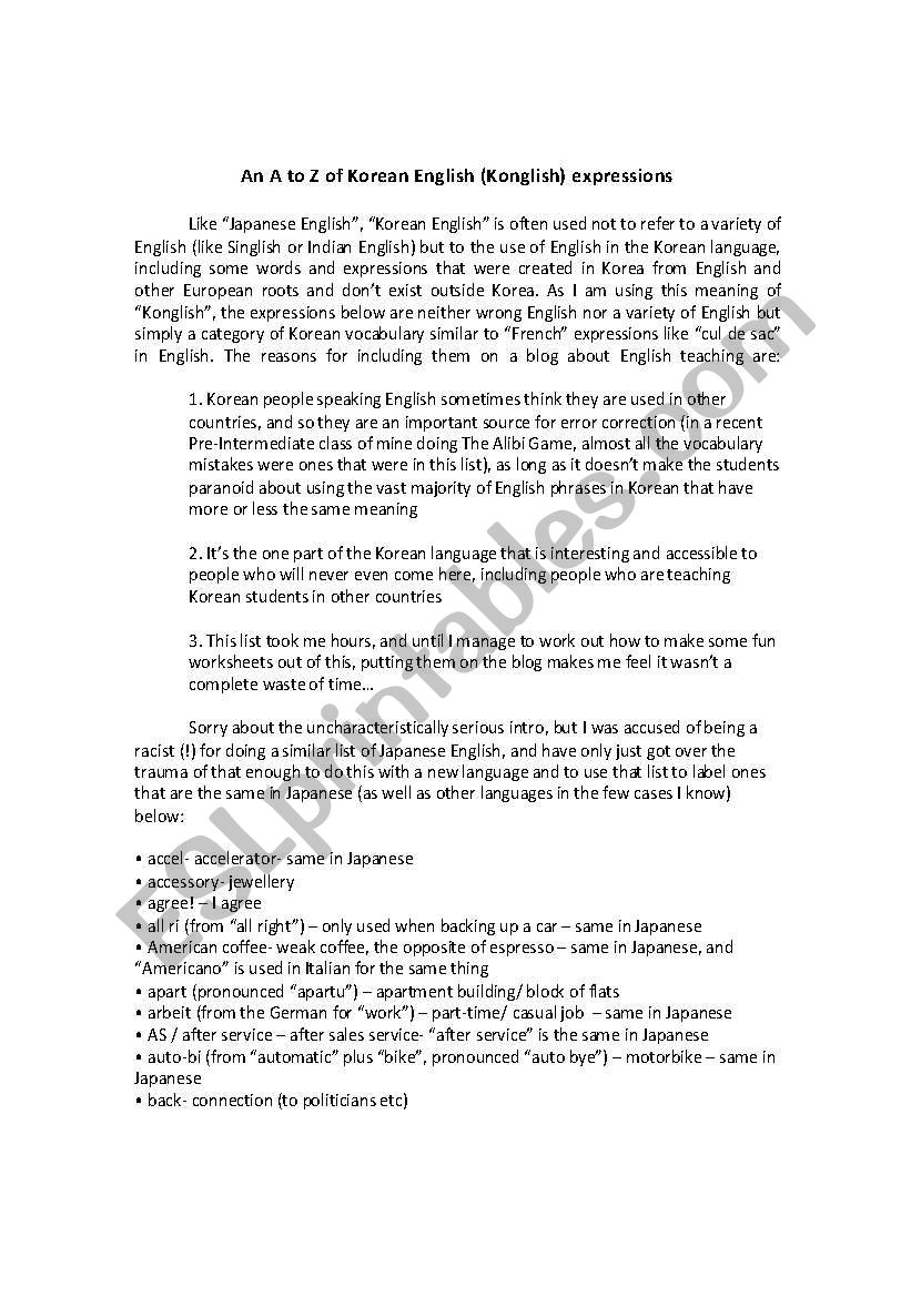 Konglish Guide worksheet