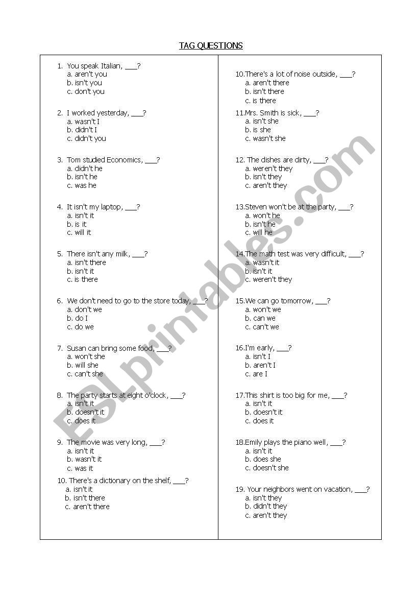 TAG QUESTIONS EXERCISE worksheet