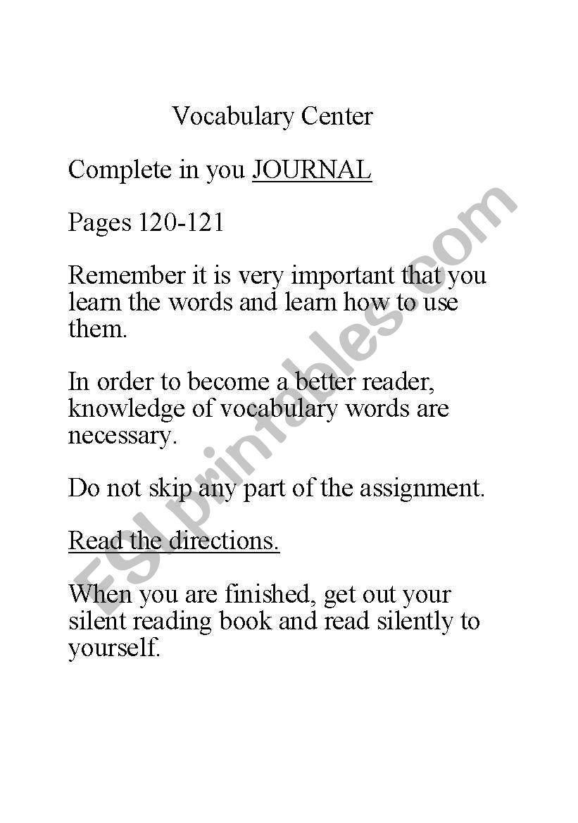 Vocab Center worksheet