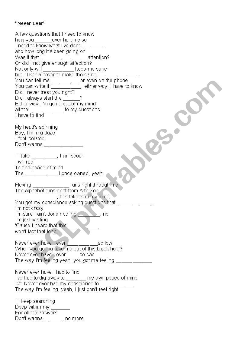 Never ever song worksheet