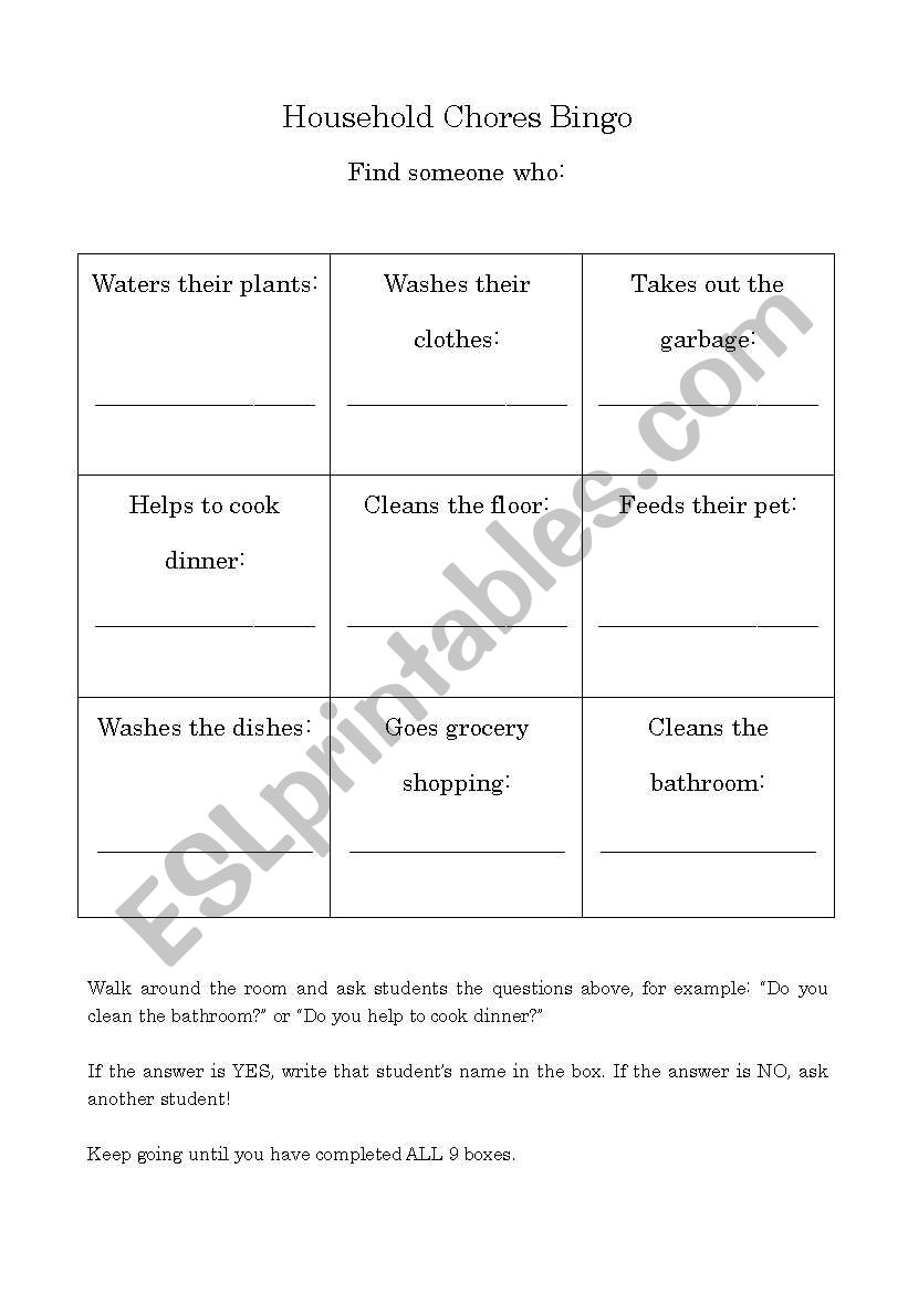 Household Chores Bingo worksheet