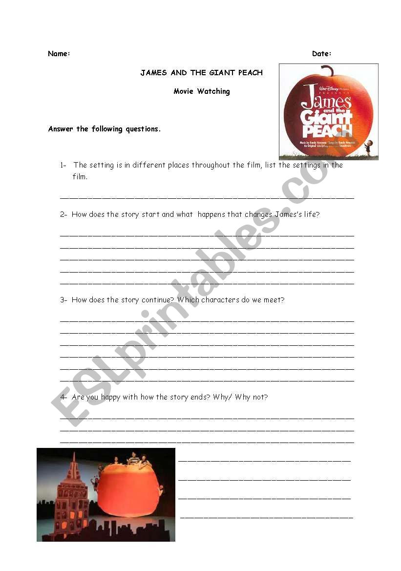 James and the Giant Peach worksheet