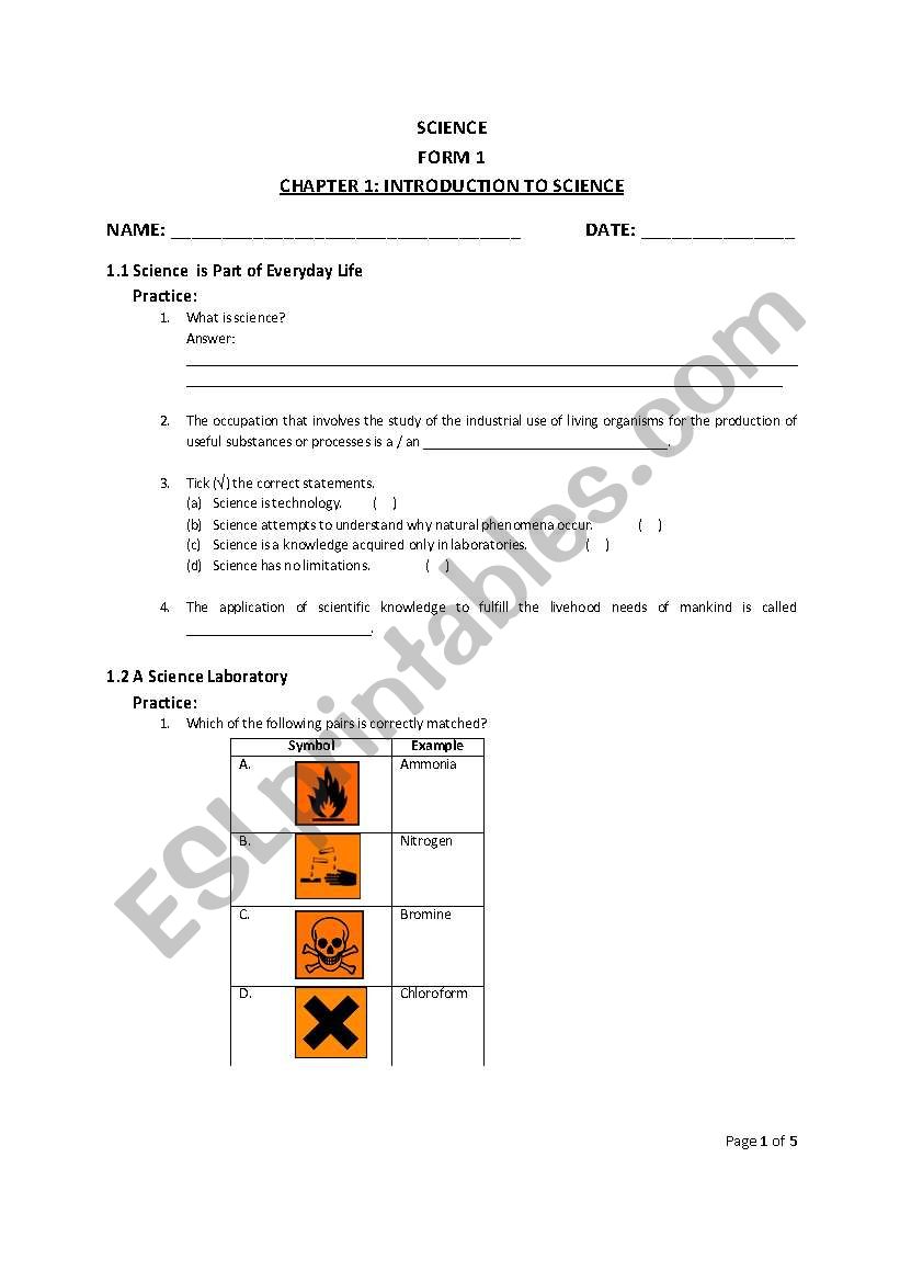 Introduction to Science worksheet